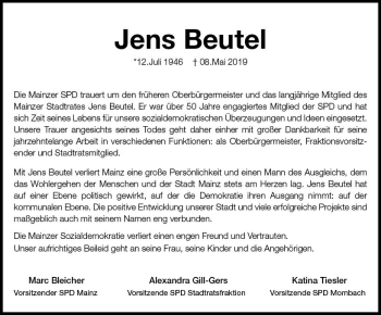 Traueranzeige von Jens Beutel von vrm-trauer