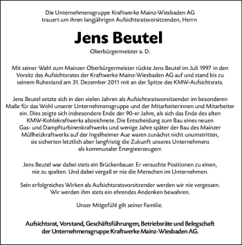 Traueranzeige von Jens Beutel von vrm-trauer