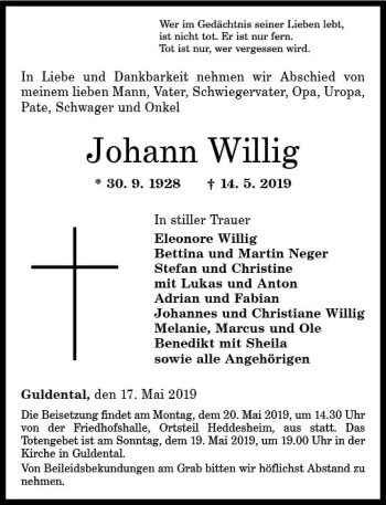 Traueranzeige von Johann Willig von vrm-trauer