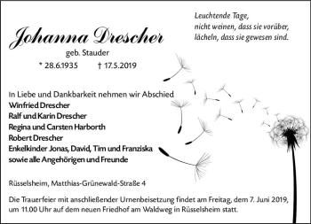 Traueranzeige von Johanna Drescher von vrm-trauer