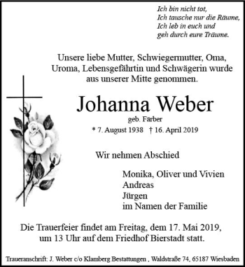 Traueranzeige von Johanna Weber von vrm-trauer