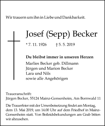 Traueranzeige von Josef Becker von vrm-trauer