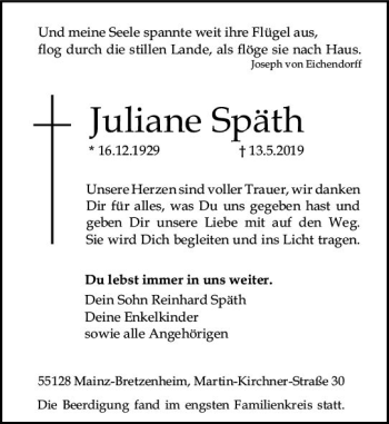 Traueranzeige von Juliane Späth von vrm-trauer