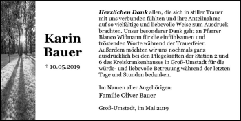 Traueranzeige von Karin Bauer von vrm-trauer