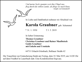 Traueranzeige von Karola Graubner von vrm-trauer