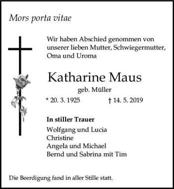 Traueranzeige von Katharine Maus von vrm-trauer