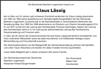 Traueranzeige von Klaus Lässig von vrm-trauer