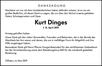 Traueranzeige von Kurt Dinges von vrm-trauer