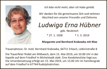 Traueranzeige von Ludwiga Erna Hübner von vrm-trauer