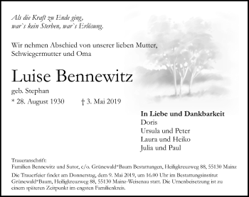 Traueranzeige von Luise Bennewitz von vrm-trauer