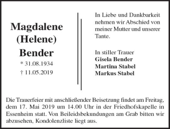 Traueranzeige von Magdalene Bender von vrm-trauer