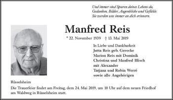 Traueranzeige von Manfred Reis von vrm-trauer
