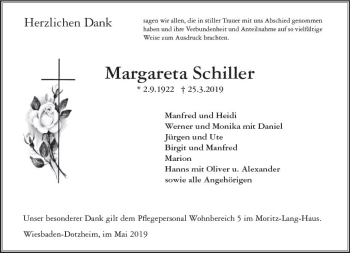 Traueranzeige von Margareta Schiller von vrm-trauer