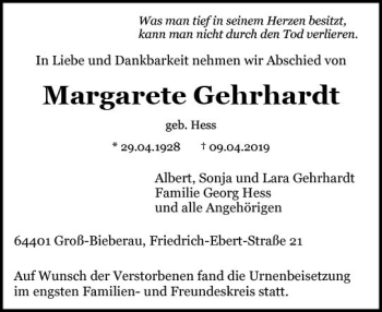 Traueranzeige von Margarete Gehrhardt von vrm-trauer