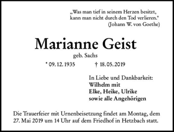 Traueranzeige von Marianne Geist von vrm-trauer