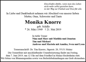 Traueranzeige von Monika Knorre von vrm-trauer