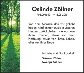 Traueranzeige von Oslinde Zöllner von vrm-trauer