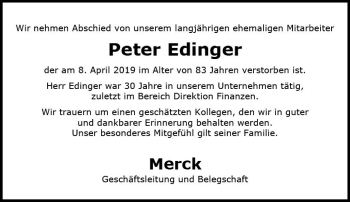 Traueranzeige von Peter Edinger von vrm-trauer