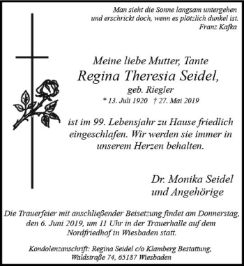 Traueranzeige von Regina Theresia Seidel von vrm-trauer
