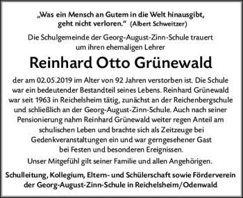Traueranzeige von Reinhard Otto Grünewald von vrm-trauer