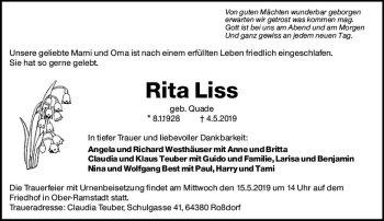 Traueranzeige von Rita Liss von vrm-trauer
