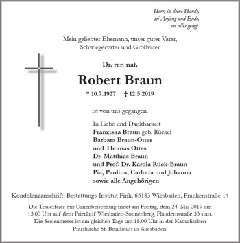 Traueranzeige von Robert Braun von vrm-trauer