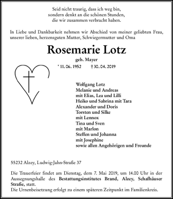 Traueranzeige von Rosemarie Lotz von vrm-trauer