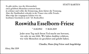 Traueranzeige von Roswitha Esselborn-Friese von vrm-trauer
