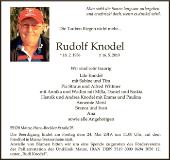 Traueranzeige von Rudi Knodel von vrm-trauer