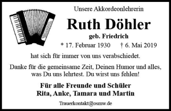 Traueranzeige von Ruth Döhler von vrm-trauer