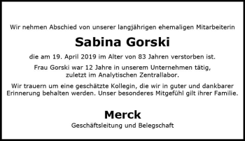 Traueranzeige von Sabina Gorski von vrm-trauer