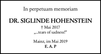 Traueranzeige von Siglinde Hohenstein von vrm-trauer