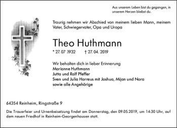 Traueranzeige von Theo Huthmann von vrm-trauer