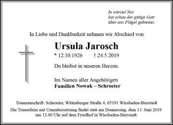 Traueranzeige von Ursula Jarosch von vrm-trauer