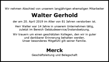 Traueranzeige von Walter Gerhold von vrm-trauer
