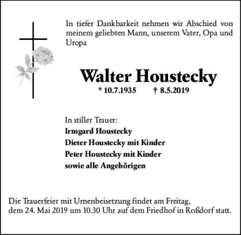 Traueranzeige von Walter Houstecky von vrm-trauer