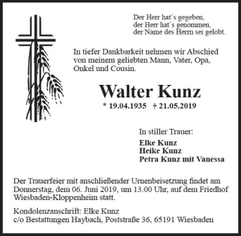 Traueranzeige von Walter Kunz von vrm-trauer
