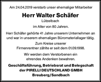Traueranzeige von Walter Schäfer von vrm-trauer
