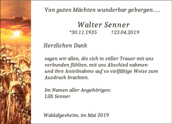 Traueranzeige von Walter Senner von vrm-trauer