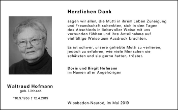 Traueranzeige von Waltraud Hofmann von vrm-trauer
