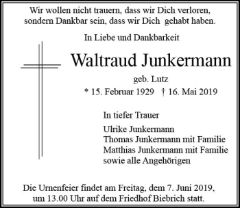 Traueranzeige von Waltraud Junkermann von vrm-trauer