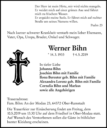 Traueranzeige von Werner Bihn von vrm-trauer
