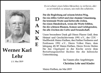 Traueranzeige von Werner Karl Lehr von vrm-trauer