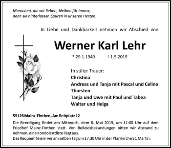 Traueranzeige von Werner Karl Lehr von vrm-trauer