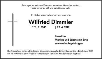 Traueranzeige von Wilfried Dimmler von vrm-trauer