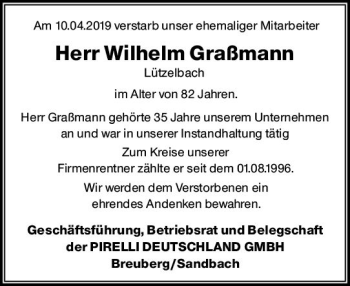 Traueranzeige von Wilhelm Graßmann von vrm-trauer