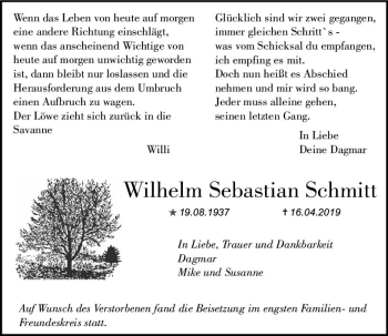 Traueranzeige von Wilhelm Sebastian Schmitt von vrm-trauer