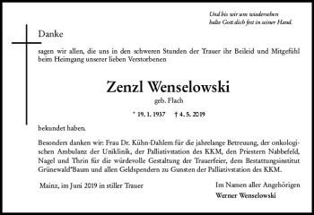 Traueranzeige von Zenzl Wenselowski von vrm-trauer