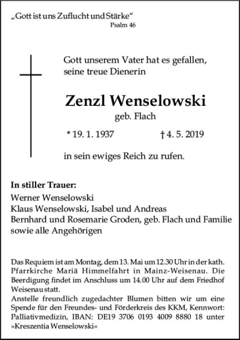 Traueranzeige von Zenzl Wenselowski von vrm-trauer