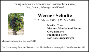 Traueranzeige von Werner Schulte von VRM-TRAUER